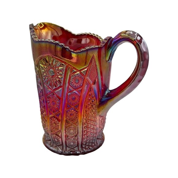 Vtg Carnival Indiana Glass Red Amberina Sunburst Iridescent Heavy Pitcher Glows - Picture 4 of 10